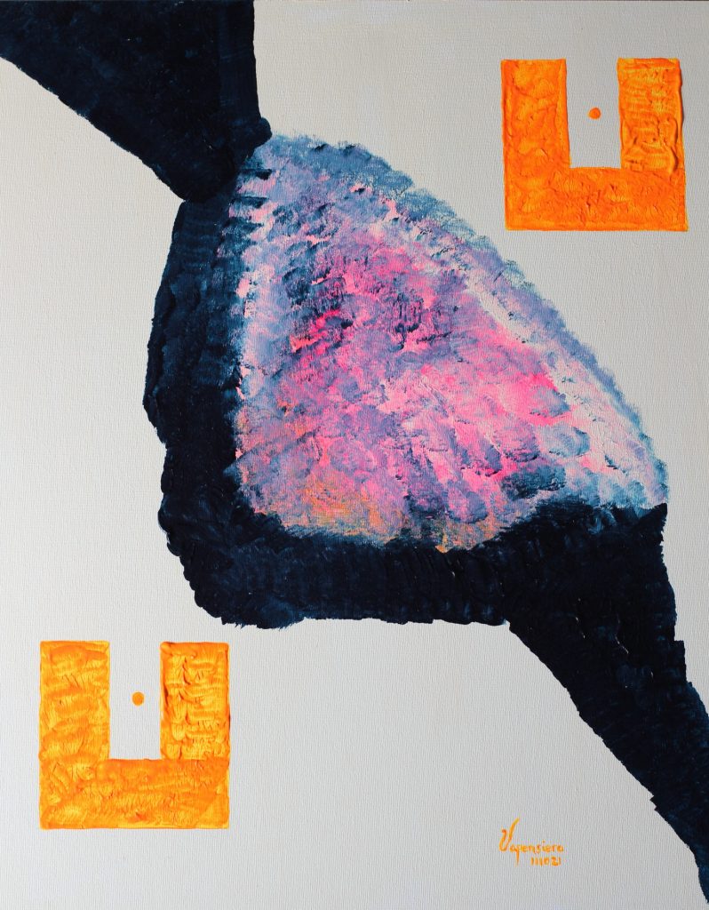 Blue Neon Cœur 1  abstract painting by Paula Vapensiero exploring chaos and perfection, acrylic on board, Vapensiero alphabet