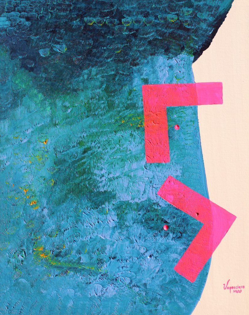 Blue Neon Nymphéas abstract painting by Paula Vapensiero exploring chaos and perfection, acrylic on board, Vapensiero alphabet