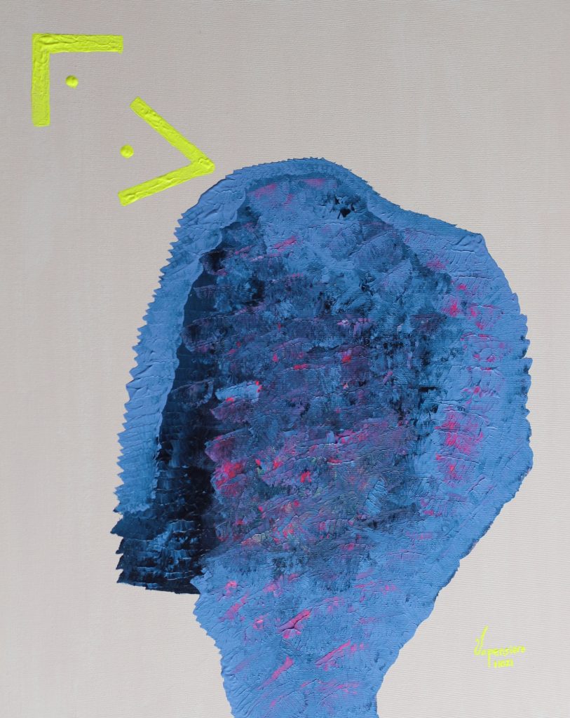 Blue Neon Paraguaná abstract painting by Paula Vapensiero exploring chaos and perfection, acrylic on board, Vapensiero alphabet