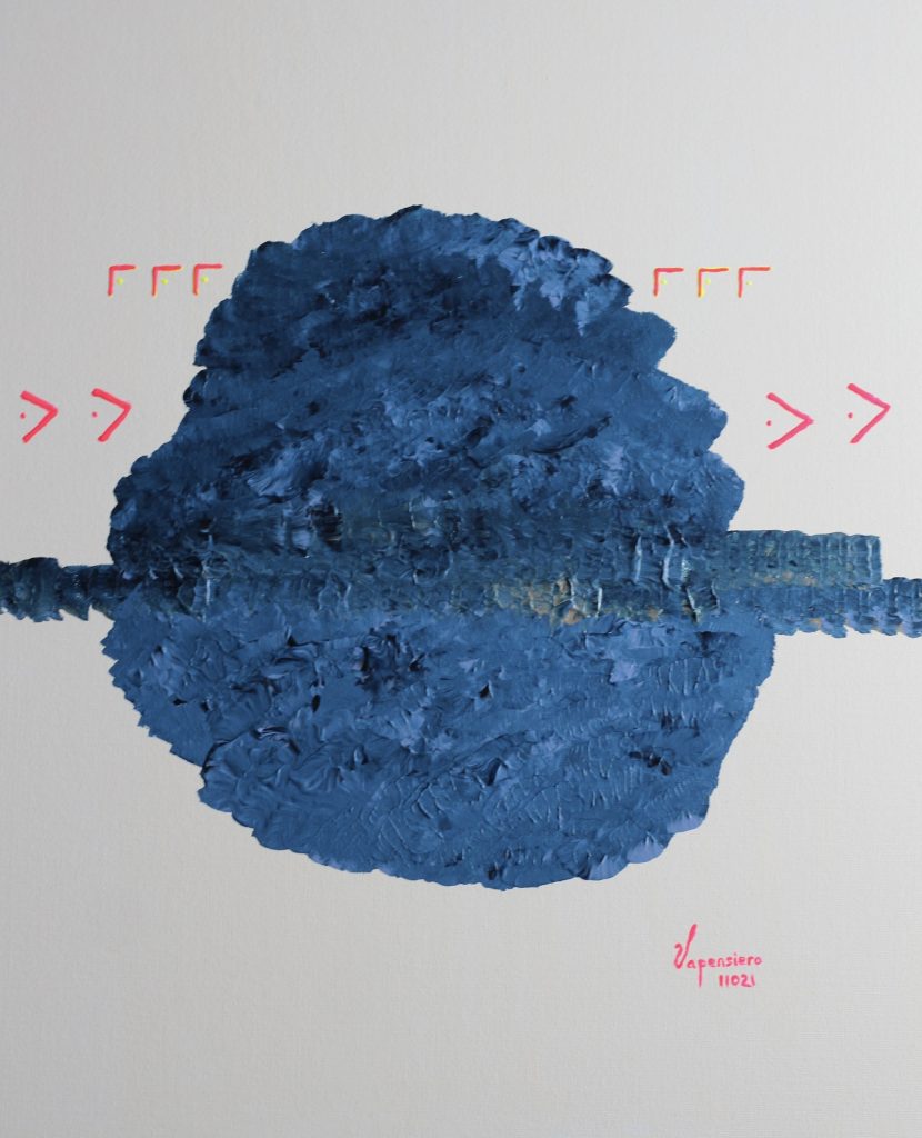 Blue Neon Planète 1 abstract painting by Paula Vapensiero exploring chaos and perfection, acrylic on board, Vapensiero alphabet