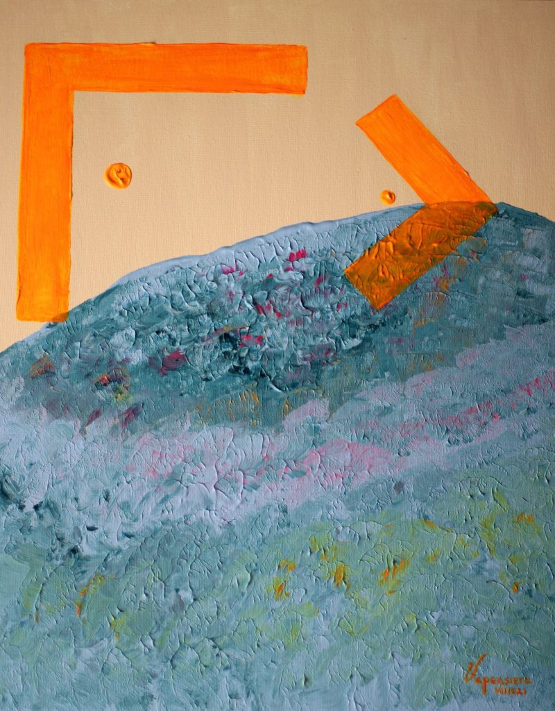 Blue Neon Planète 3 abstract painting by Paula Vapensiero exploring chaos and perfection, acrylic on board, Vapensiero alphabet