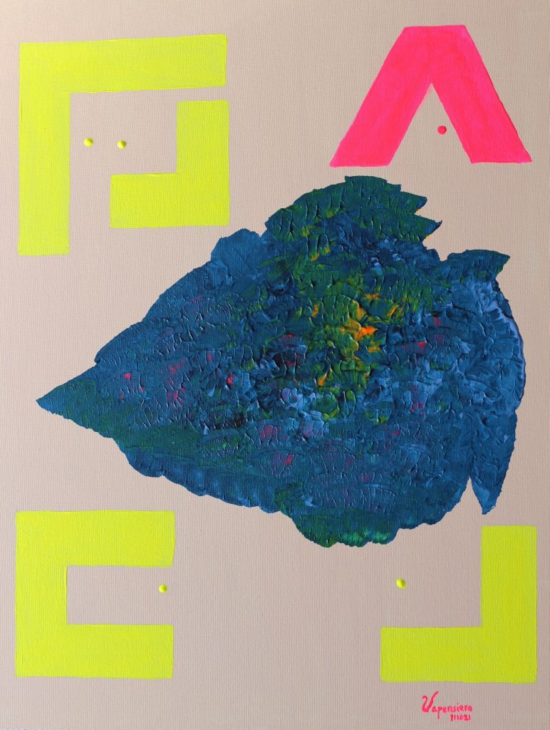 Blue Neon Poisson abstract painting by Paula Vapensiero exploring chaos and perfection, acrylic on board, Vapensiero alphabet