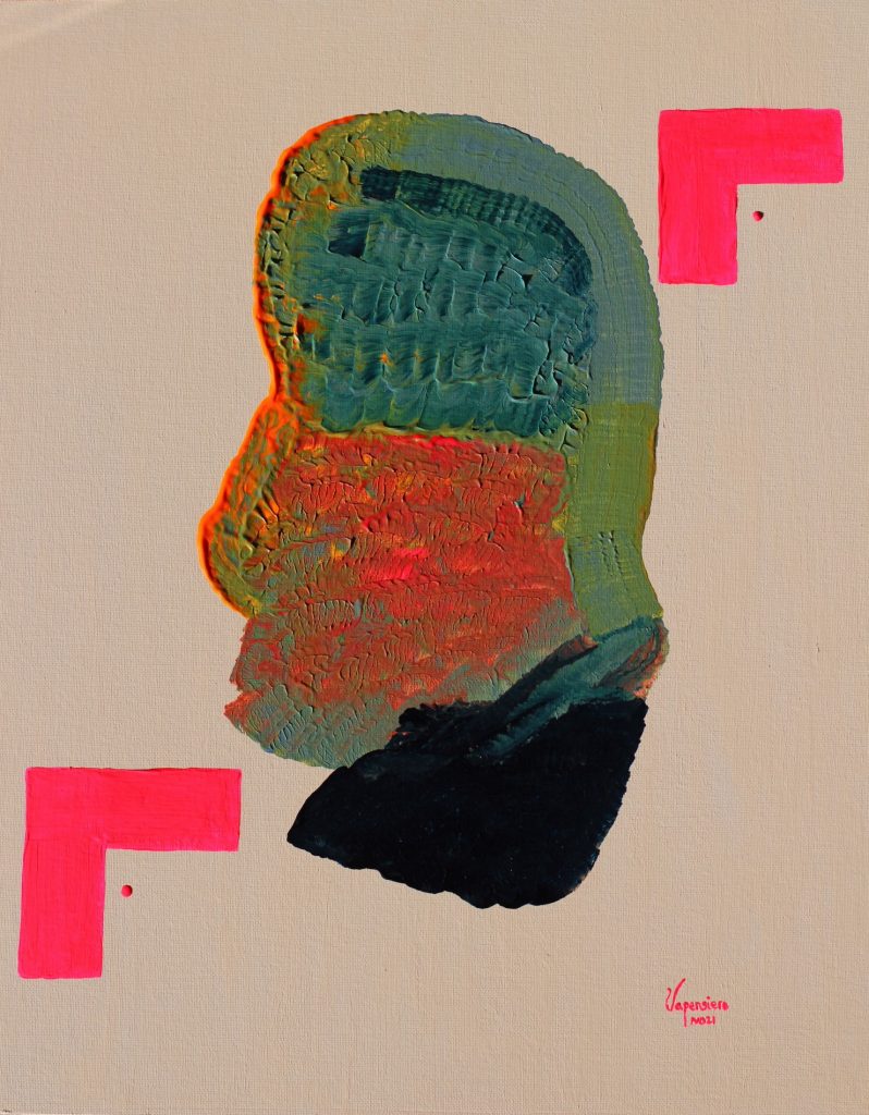 Blue Neon Tête abstract painting by Paula Vapensiero exploring chaos and perfection, acrylic on board, Vapensiero alphabet