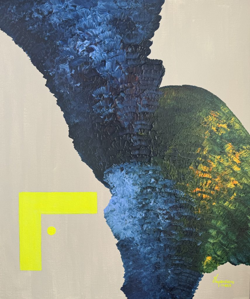 Blue Neon Fumée 2 abstract painting by Paula Vapensiero exploring chaos and perfection, acrylic on board, Vapensiero alphabet