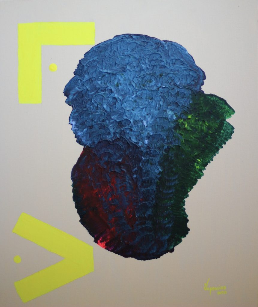 Blue Neon Planète 4 abstract painting by Paula Vapensiero exploring chaos and perfection, acrylic on board, Vapensiero alphabet