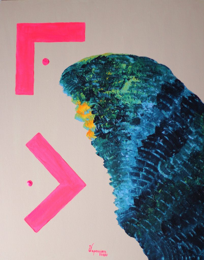 Blue Neon Wave abstract painting by Paula Vapensiero exploring chaos and perfection, acrylic on board, Vapensiero alphabet