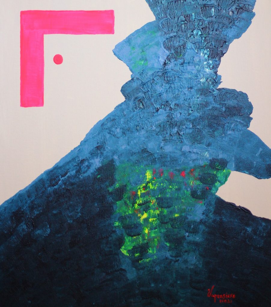 Blue Neon Fumée 1 abstract painting by Paula Vapensiero exploring chaos and perfection, acrylic on board, Vapensiero alphabet