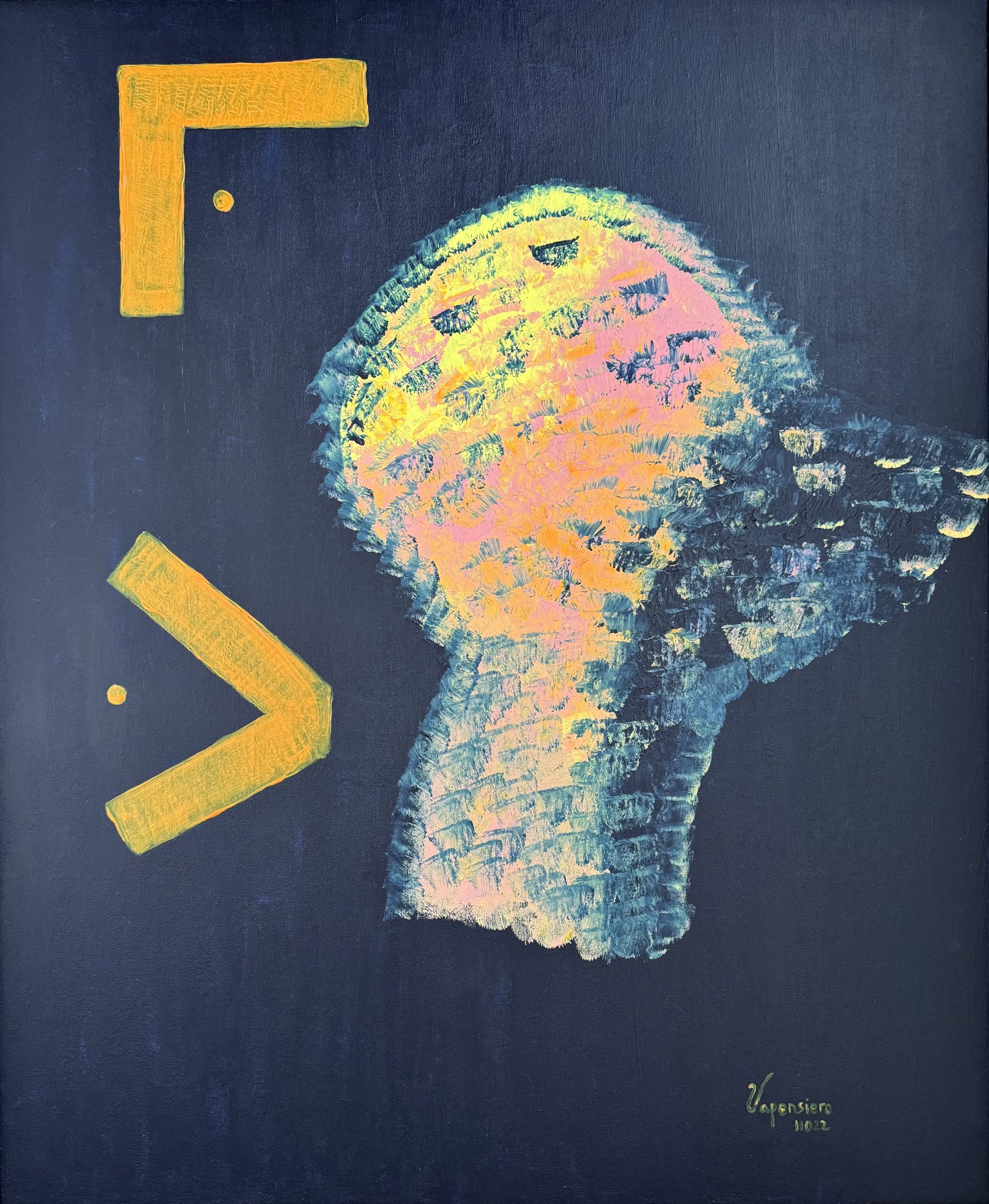 Blue Neon The End  abstract painting by Paula Vapensiero exploring chaos and perfection, acrylic on board, Vapensiero alphabet